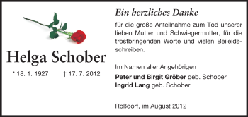 Traueranzeige von Helga Schober von Darmstädter Echo, Odenwälder Echo, Rüsselsheimer Echo, Groß-Gerauer-Echo, Ried Echo