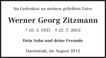Traueranzeige von Werner Georg Zitzmann von Darmstädter Echo, Odenwälder Echo, Rüsselsheimer Echo, Groß-Gerauer-Echo, Ried Echo