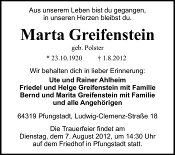 Traueranzeige von Marta Greifenstein von Echo-Zeitungen (Gesamtausgabe)