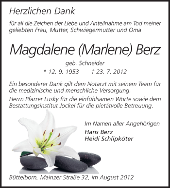 Traueranzeige von Magdalene Berz von Rüsselsheimer Echo, Groß-Gerauer-Echo, Ried Echo