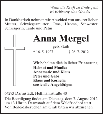 Traueranzeige von Anna Mergel von Darmstädter Echo, Odenwälder Echo, Rüsselsheimer Echo, Groß-Gerauer-Echo, Ried Echo