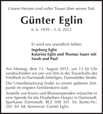 Traueranzeige von Günter Eglin von Echo-Zeitungen (Gesamtausgabe)