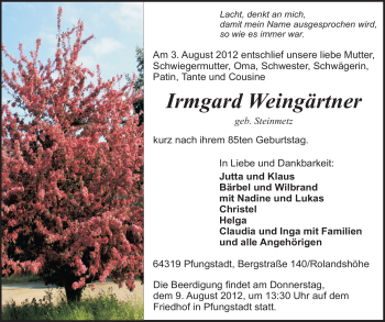 Traueranzeige von Irmgard Weingärtner von Echo-Zeitungen (Gesamtausgabe)