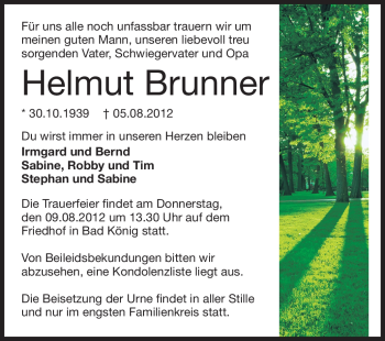 Traueranzeige von Helmut Brunner von Odenwälder Echo