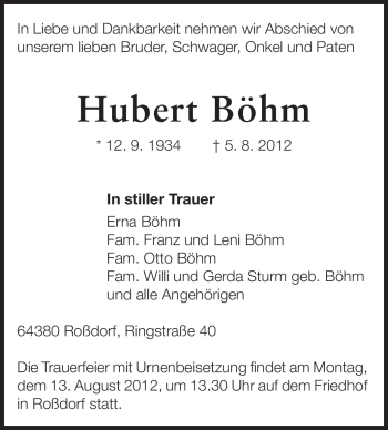 Traueranzeige von Hubert Böhm von Echo-Zeitungen (Gesamtausgabe)