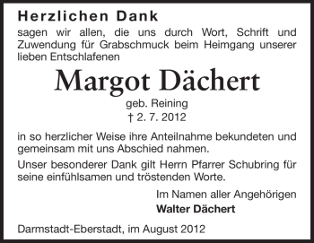 Traueranzeige von Margot Dächert von Echo-Zeitungen (Gesamtausgabe)
