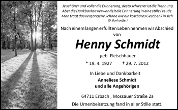 Traueranzeige von Henny Schmidt von Odenwälder Echo