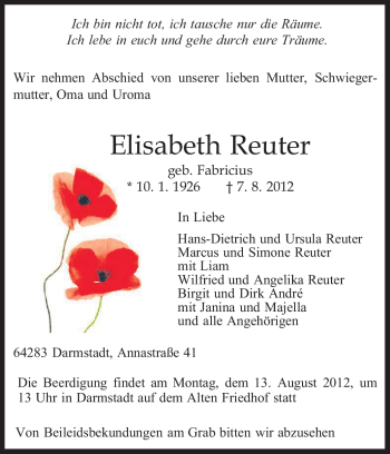 Traueranzeige von Elisabeth Reuter von Darmstädter Echo, Odenwälder Echo, Rüsselsheimer Echo, Groß-Gerauer-Echo, Ried Echo