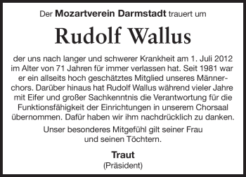 Traueranzeige von Rudolf Wallus von Darmstädter Echo, Odenwälder Echo, Rüsselsheimer Echo, Groß-Gerauer-Echo, Ried Echo