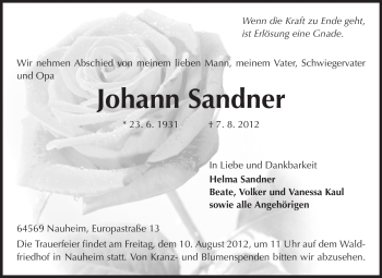 Traueranzeige von Johann Sandner von Rüsselsheimer Echo, Groß-Gerauer-Echo, Ried Echo