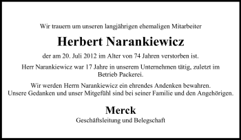 Traueranzeige von Herbert Narankiewicz von Echo-Zeitungen (Gesamtausgabe)