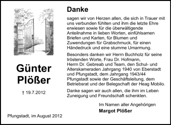 Traueranzeige von Günter Plößer von Echo-Zeitungen (Gesamtausgabe)