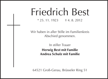 Traueranzeige von Friedrich Best von Rüsselsheimer Echo, Groß-Gerauer-Echo, Ried Echo