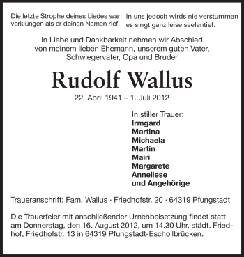 Traueranzeige von Rudolf Wallus von Echo-Zeitungen (Gesamtausgabe)
