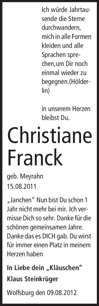 Traueranzeige von Christiane Franck von Echo-Zeitungen (Gesamtausgabe)