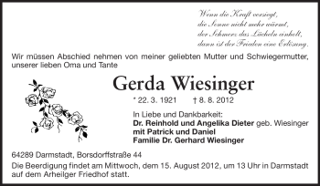 Traueranzeige von Gerda Wiesinger von Darmstädter Echo, Odenwälder Echo, Rüsselsheimer Echo, Groß-Gerauer-Echo, Ried Echo