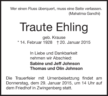 Traueranzeige von Traute Ehling von Echo-Zeitungen (Gesamtausgabe)