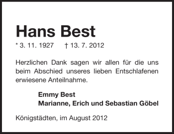 Traueranzeige von Hans Best von Rüsselsheimer Echo, Groß-Gerauer-Echo, Ried Echo