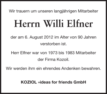 Traueranzeige von Willi Elfner von Odenwälder Echo