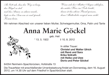 Traueranzeige von Anna Marie Göckel von Darmstädter Echo, Odenwälder Echo, Rüsselsheimer Echo, Groß-Gerauer-Echo, Ried Echo