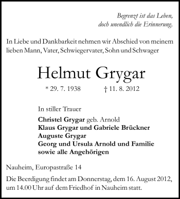 Traueranzeige von Helmut Grygar von Rüsselsheimer Echo, Groß-Gerauer-Echo, Ried Echo