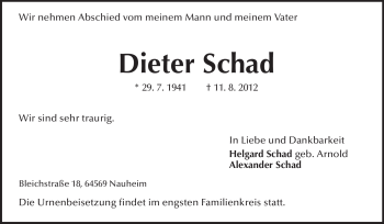 Traueranzeige von Dieter Schad von Rüsselsheimer Echo, Groß-Gerauer-Echo, Ried Echo