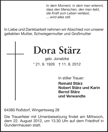Traueranzeige von Dora Stärz von Darmstädter Echo, Odenwälder Echo, Rüsselsheimer Echo, Groß-Gerauer-Echo, Ried Echo