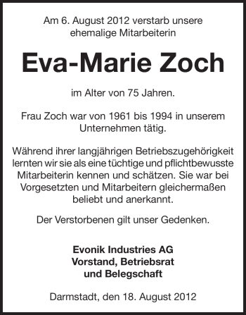 Traueranzeige von Eva-Marie Zoch von Echo-Zeitungen (Gesamtausgabe)