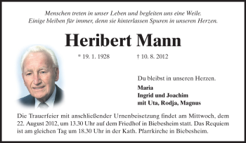 Traueranzeige von Heribert Mann von Rüsselsheimer Echo, Groß-Gerauer-Echo, Ried Echo