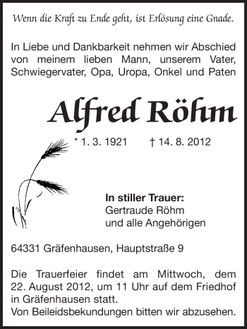Traueranzeige von Alfred Röhm von Echo-Zeitungen (Gesamtausgabe)