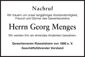 Traueranzeige von Georg Menges von Rüsselsheimer Echo, Groß-Gerauer-Echo, Ried Echo