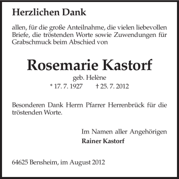Traueranzeige von Rosemarie Kastorf von Darmstädter Echo, Odenwälder Echo, Rüsselsheimer Echo, Groß-Gerauer-Echo, Ried Echo