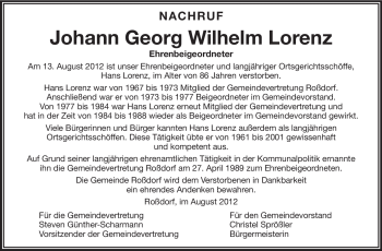 Traueranzeige von Johann Georg Wilhelm Lorenz von Echo-Zeitungen (Gesamtausgabe)