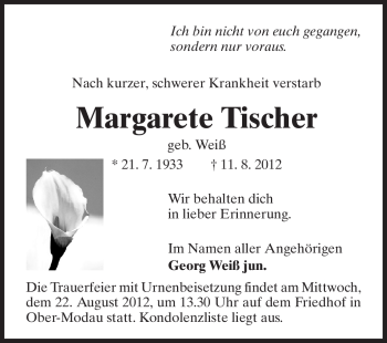 Traueranzeige von Margarete Tischer von Darmstädter Echo, Odenwälder Echo, Rüsselsheimer Echo, Groß-Gerauer-Echo, Ried Echo
