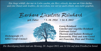 Traueranzeige von Barbara Lieselotte Reinhard von Darmstädter Echo, Odenwälder Echo, Rüsselsheimer Echo, Groß-Gerauer-Echo, Ried Echo