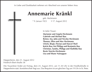 Traueranzeige von Annemarie Kränkl von Starkenburger Echo