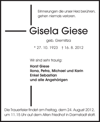 Traueranzeige von Gisela Giese von Echo-Zeitungen (Gesamtausgabe)