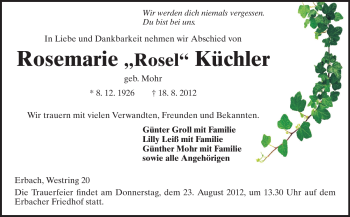 Traueranzeige von Rosemarie Küchler von Odenwälder Echo