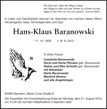 Traueranzeige von Hans-Klaus Baranowski von Rüsselsheimer Echo, Groß-Gerauer-Echo, Ried Echo