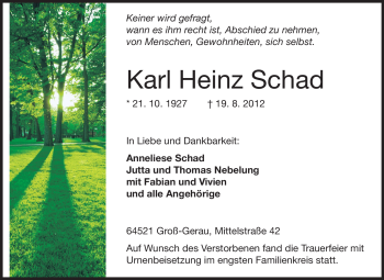 Traueranzeige von Karl Heinz Schad von Rüsselsheimer Echo, Groß-Gerauer-Echo, Ried Echo