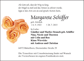 Traueranzeige von Margarete Schiffer von trauer.echo-online.de