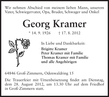 Traueranzeige von Georg Kramer von Echo-Zeitungen (Gesamtausgabe)