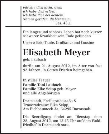 Traueranzeige von Elisabeth Meyer von Echo-Zeitungen (Gesamtausgabe)