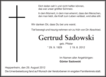 Traueranzeige von Gertrud Sadowski von Starkenburger Echo