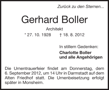 Traueranzeige von Gerhard Boller von Echo-Zeitungen (Gesamtausgabe)