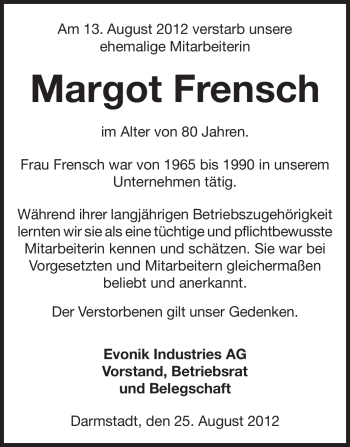 Traueranzeige von Margot Frensch von Echo-Zeitungen (Gesamtausgabe)