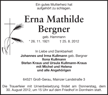 Traueranzeige von Erna Mathilde Bergner von Rüsselsheimer Echo, Groß-Gerauer-Echo, Ried Echo