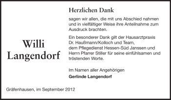 Traueranzeige von Willi Langendorf von Echo-Zeitungen (Gesamtausgabe)