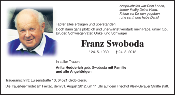 Traueranzeige von Franz Swoboda von Rüsselsheimer Echo, Groß-Gerauer-Echo, Ried Echo