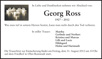 Traueranzeige von Georg Ross von Darmstädter Echo, Odenwälder Echo, Rüsselsheimer Echo, Groß-Gerauer-Echo, Ried Echo